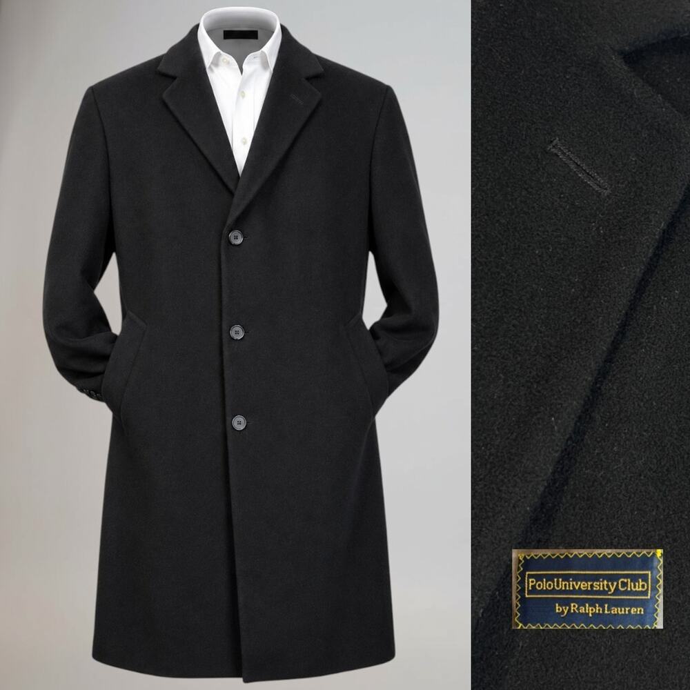 Vtg Polo University Ralph Lauren 44-46R Black Overcoat Luxury Brushed Wool Feel